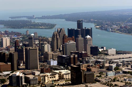 Detroit Skyline Aerial Looking Into Laker St. Clair